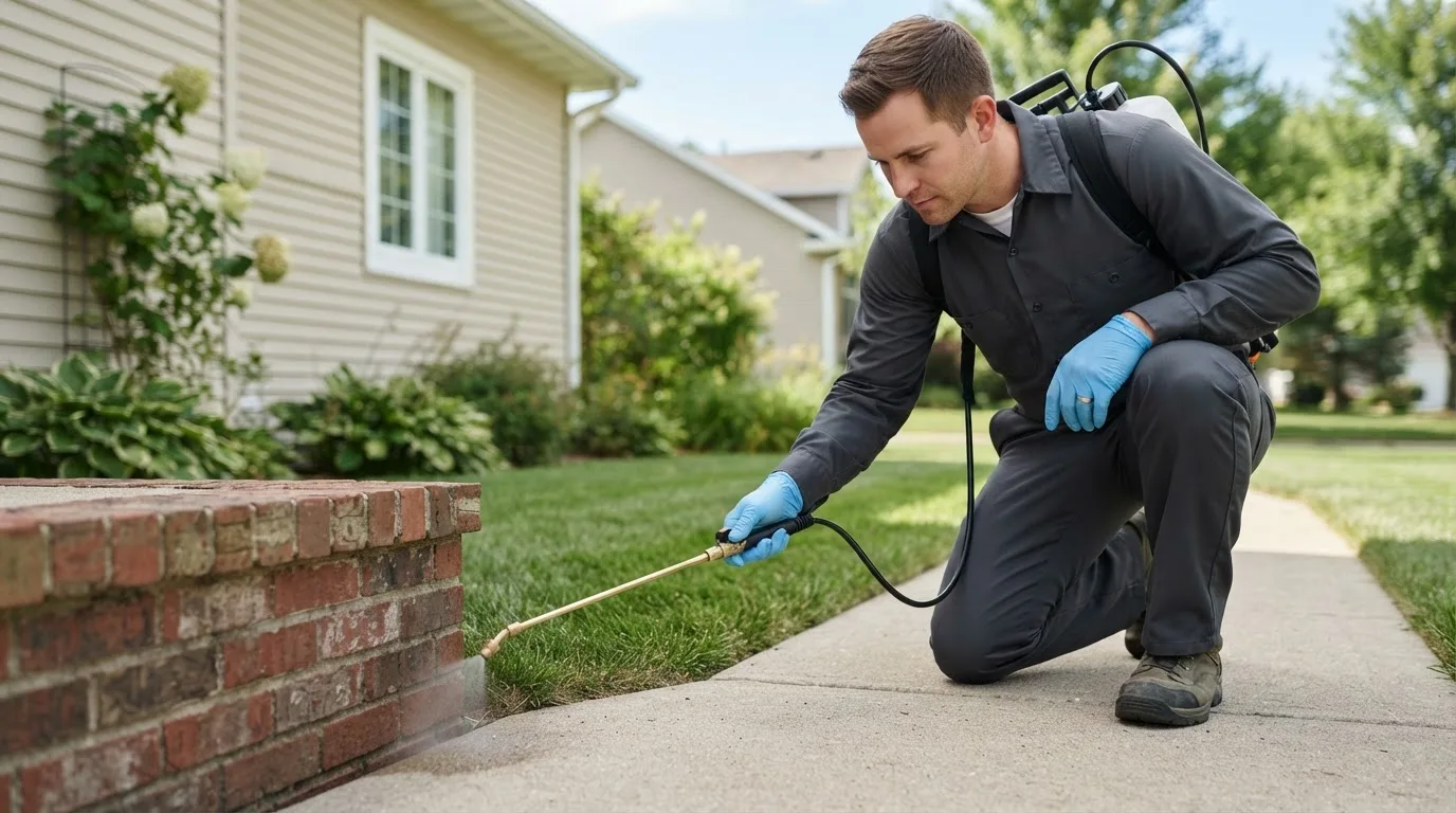 Pest control technician treating a home near Darien, CT